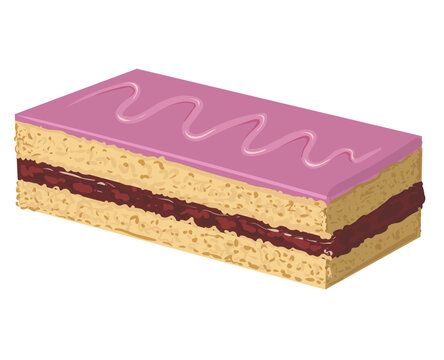 Delicious confectionery cake with strawberry jam and pink icing. Vector image.