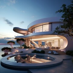 Fototapeta premium Modern minimalist round and curved shaped luxury house villa with terrace on sea shore at sunset generative ai