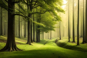 Beautiful background of trees in the forest covered with grass