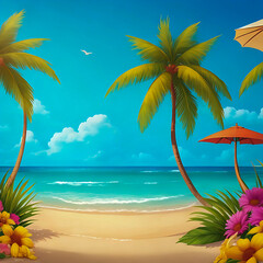 Summer Beach with Palm Trees and Sky