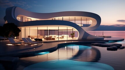 Obraz na płótnie Canvas Modern minimalist round and curved shaped luxury house villa with terrace on sea shore at sunset generative ai