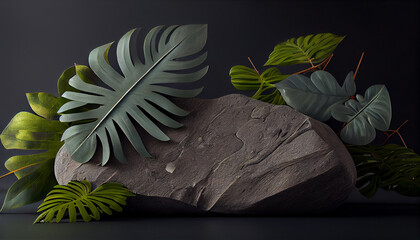 Stone board decoration liana branches and tropical leaves on a white background,Created with AI