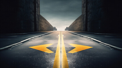 Different thinking and Business and technology disruption concept , Yellow arrow cross direction with white arrow on road asphalt, Generative Ai - obrazy, fototapety, plakaty