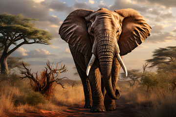 Naklejka premium elephant in jungle at sunset. Generative AI. 