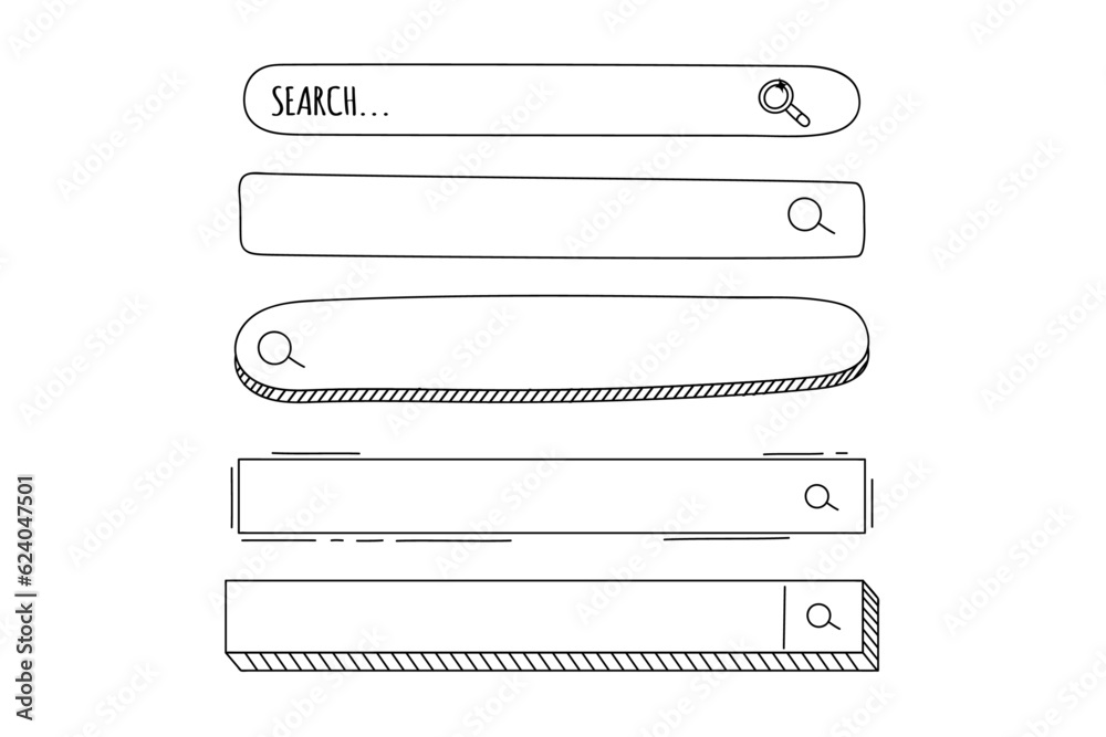 Wall mural search bar in sketch doodle style. hand drawn web icons navigation frame set. illustration vector is