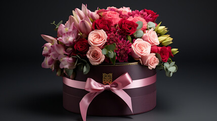 Flowers in round luxury present box, Generative Ai