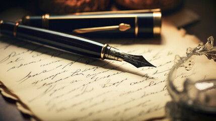 Fountain pen on an antique handwritten letter, Generative Ai