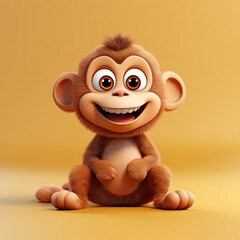 Cute Monkey, 3d cartoon, big eyes, friendly, solid background, minimalistic