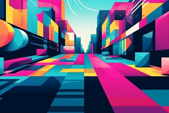 Abstract Urban Building Geometric Shapes in CMYK Colors Generative AI