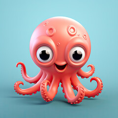 Cute Octopus, 3d cartoon, big eyes, friendly, solid background, minimalistic