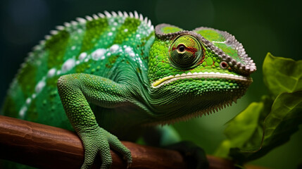 Obraz premium Green colored chameleon close up, Generative Ai