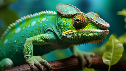 Green colored chameleon close up, Generative Ai