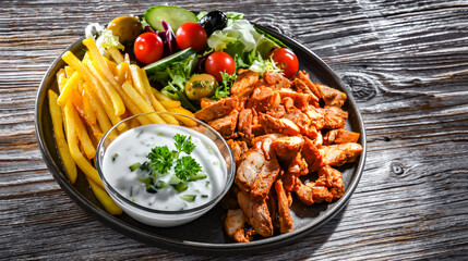 Kebab served with french fries, vegetable salad and tzatziki