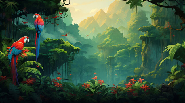 Illustration of a tropical rainforest with parrots, Generative Ai