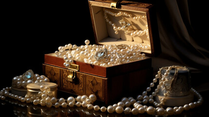 Jewelry box with diamond rings and pearl necklaces, Generative Ai