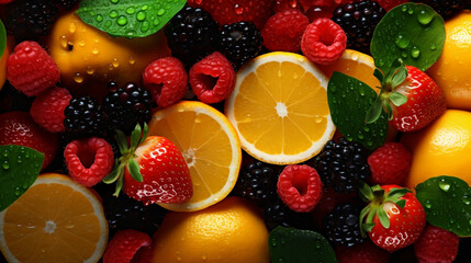 Juicy fruits top view background, Generative Ai