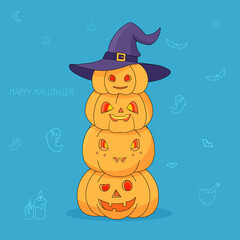 A cheerful stack of pumpkins, each one adorned with a grinning grimace. One pumpkin stands out, proudly wearing a witch hat on its head. Cute Halloween cartoon vegetables. Vector illustration 