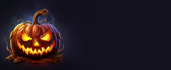 Halloween banner with pumpkin on dark purple background. Pumpkin game icon. Smoky hot Halloween pumpkin icon.