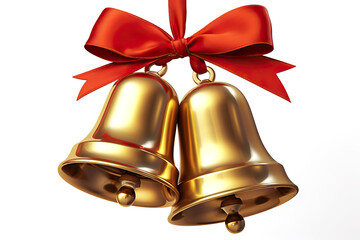 Elegant Festive Duo Pair of Golden Bells with Red Bow - Symbolic Delight on White Background. created with Generative AI