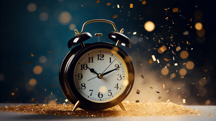 Retro black alarm clock dissolving into a little particles for time can not return and never wait anyone , Time management concept, Generative Ai