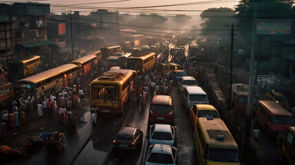 Fototapeta premium Bustling Traffic in India: A Colorful Mix of Cars, Cows, and People Filling the Streets