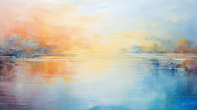 Richly textured reflections on a calm lake, colorful art, multicolored oil art texture pictures Generative AI