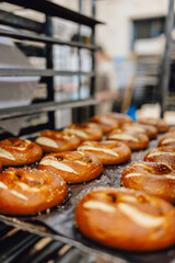 Freshly baked pretzels on baker's tray