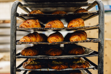 Fresh croissants on bakery tray, fresh from baker's oven
