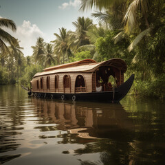 Boat on the river with palm trees in the background, Kerala, India.Generative AI