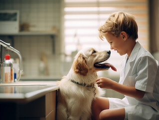 An endearing scene of a young boy, his golden retriever and a vet in a light - filled clinic. Check - up moment, friendly atmosphere