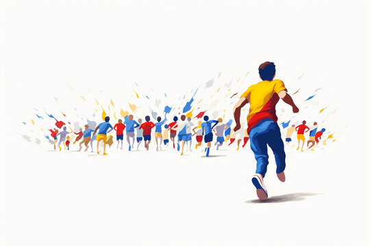 Minimalist illustration of a kid running a race, primary colors, clean lines, abstracted crowd in the background, sense of speed, on a white background