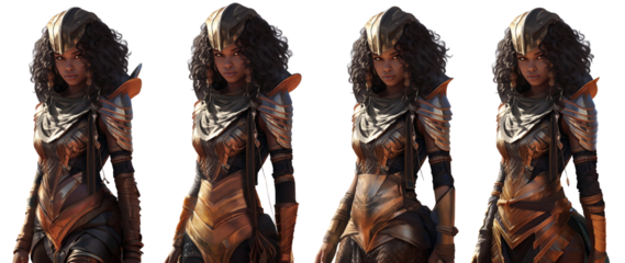 Portrait of a woman of ancient Egypt. Illustrational view Egyptian woman warrior in golden armor. Isolated on transparency.