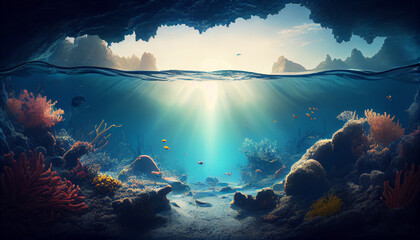 Fototapeta na wymiar Suoer Realistic Marine landscape under the sunlight, created with AI tool