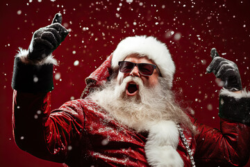 Rockin' Santa Claus Waist-Up Portrait of a Cool Santa Roaring with Snowfall on a Vibrant Red Background. created with Generative AI