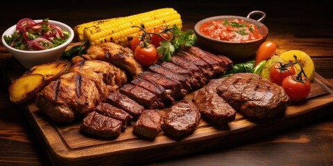   A Bountiful Spread of Juicy Meats, Sizzling on the Grill - A Mouthwatering Fusion of Beef, Chicken, Pork, and Sausages - Served on a Rustic Wooden Table,  Generative AI Digital Illustration