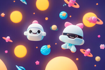 Naklejka premium christmas card with snowman, cute animal friend character wearing a spacesuit in outer space. Generative AI