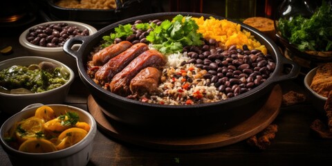 A Rich and Hearty Feijoada Spread - A Flavorful Array of Slow-Cooked Black Beans, Pork, Beef, and Sausages - Garnished with Freshly Chopped Parsley   Generative AI Digital Illustration