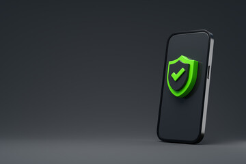Smartphone with a protection shield on a gray background. The concept of security in the IT sphere. 3d rendering