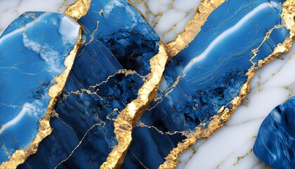 blue and yellow background, blue marble stone with gold vein, grass, branch, day,  AI generated