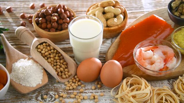 Common food allergens including egg, milk, soya, nuts, fish, seafood, mustard, dried apricots and celery