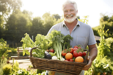 senior person holding a basket of vegetables in the garden Generative AI