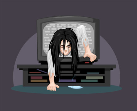 A Ghost Comes Out Of A TV Scene Cartoon Illustration Vector