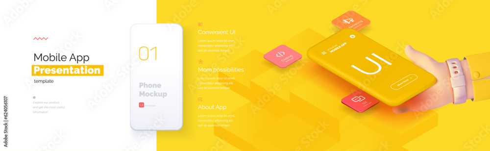 Wall mural modern presentation of a mobile application. mobile phone mockup on a yellow background with a descr