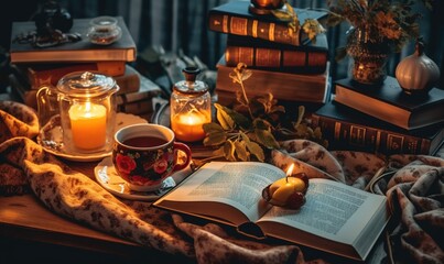  a table topped with books and a cup of coffee next to a candle.  generative ai