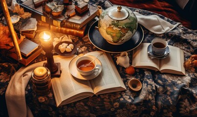  a table topped with books and a tea pot filled with tea.  generative ai
