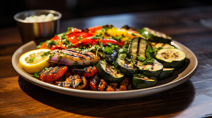 A platter of Mediterranean-style grilled vegetables, including zucchini, bell peppers, and eggplant