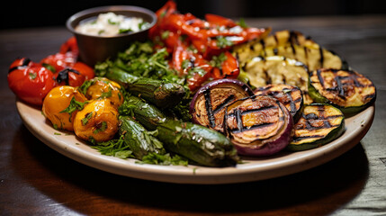 A platter of Mediterranean-style grilled vegetables, including zucchini, bell peppers, and eggplant