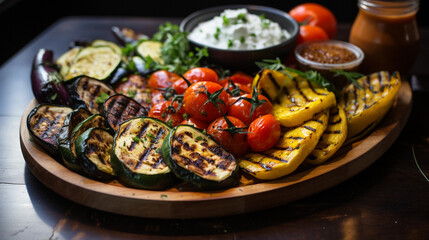 A platter of Mediterranean-style grilled vegetables, including zucchini, bell peppers, and eggplant