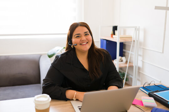 Beautiful fat woman working as a sales agent representative