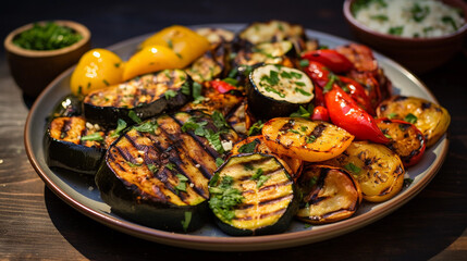 A platter of Mediterranean-style grilled vegetables, including zucchini, bell peppers, and eggplant